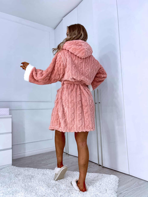 Fluffy Robe with Cable Knit Pattern - PINK